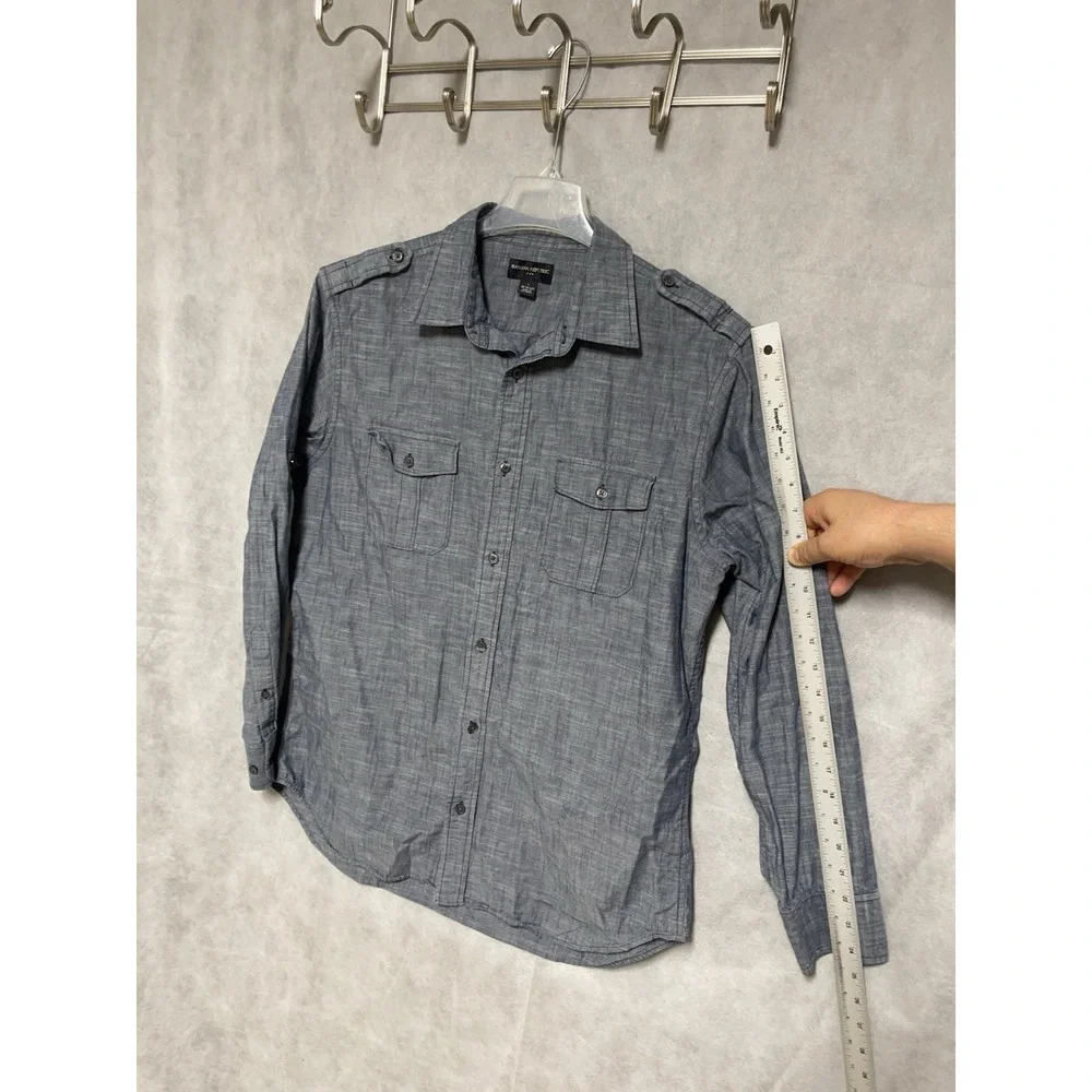 Banana Republic Shirt Men L Blue Chambray Denim Button Up Roll Tab Military Army